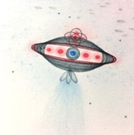 One of the spaceships in the sky. Ink and color pencil. © 2017 Mary Wagner. All Rights Reserved.